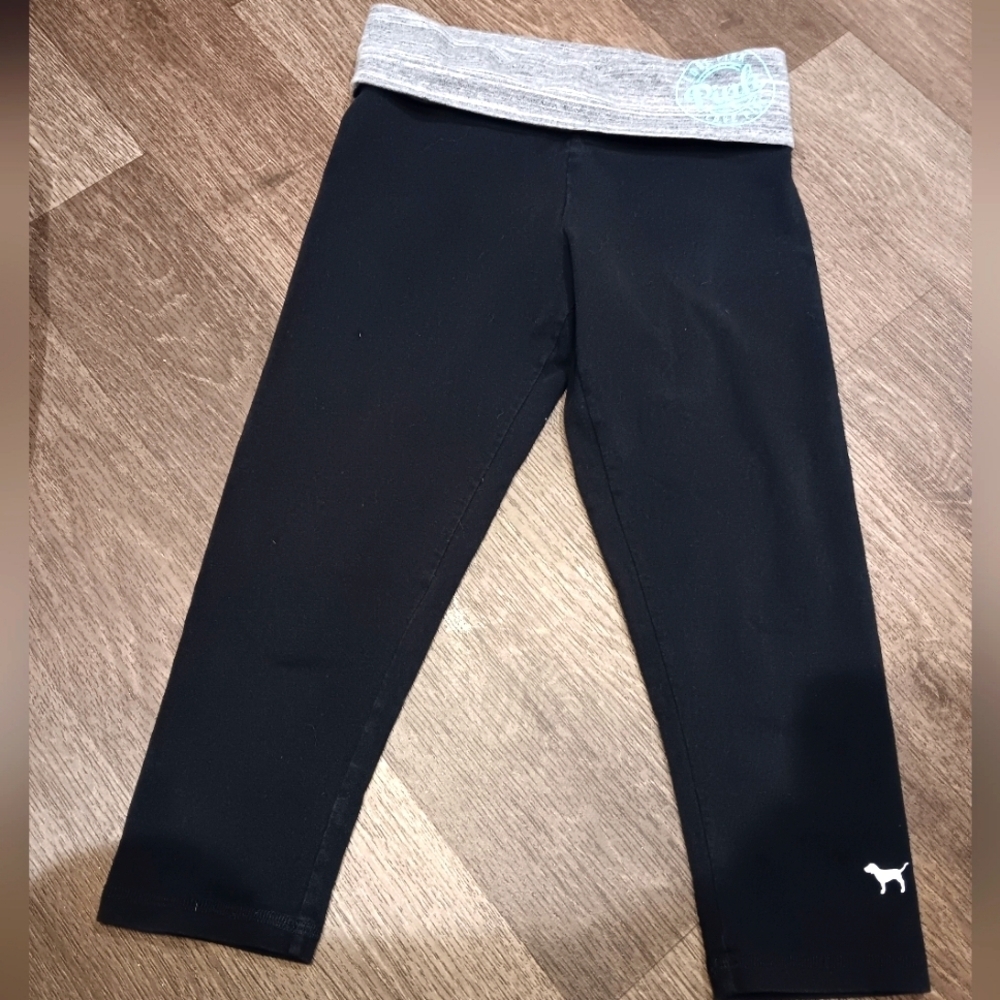 Pink Yoga Black Leggings with Gray Waistband Sz Xs
